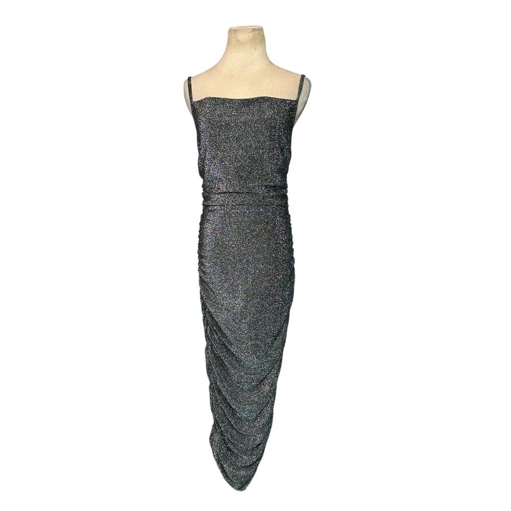 Forever Rose Couture metallic silver sleeveless ruched midi dress size Medium